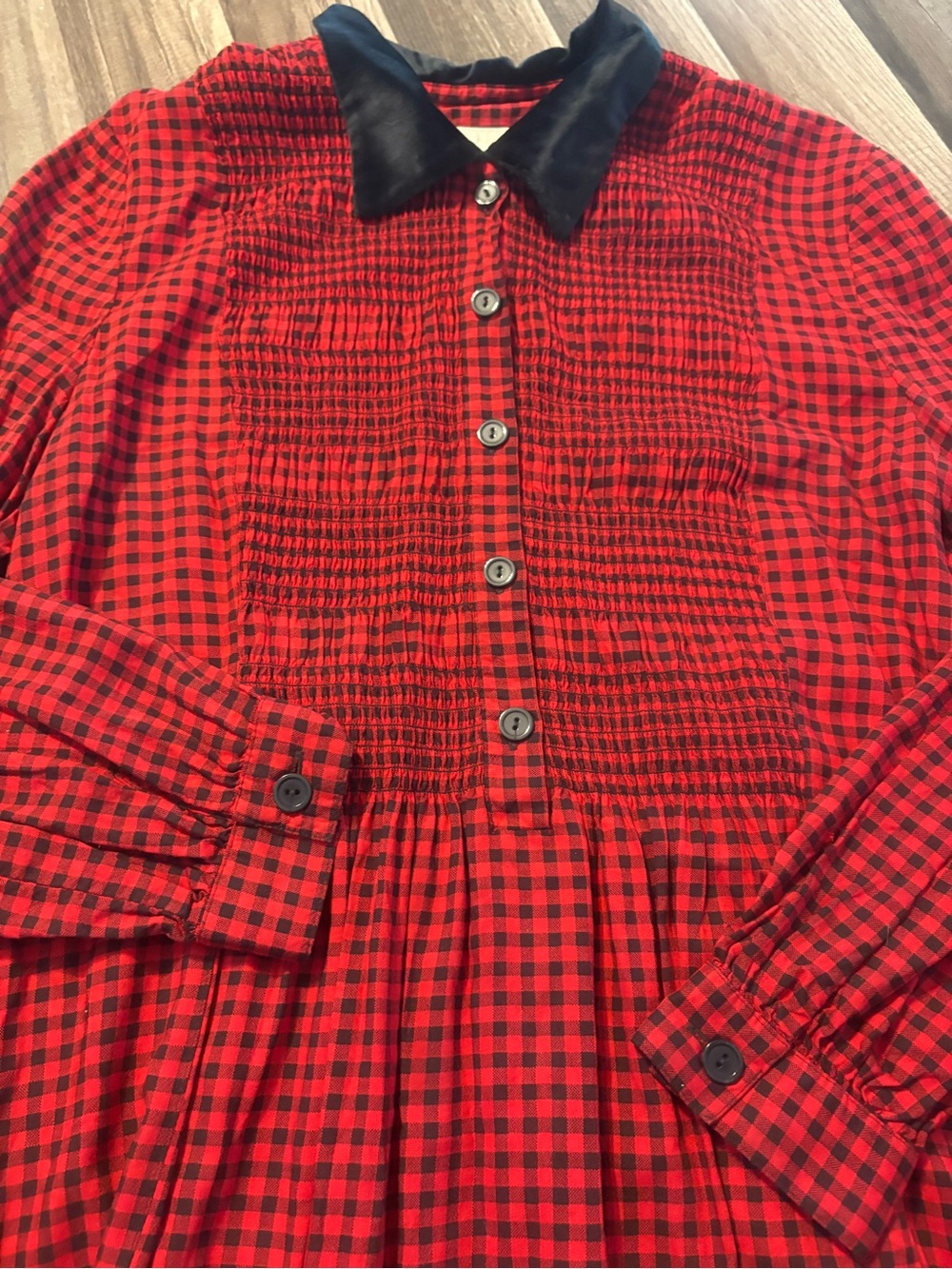 Red and Black Buffalo Plaid Long Dress with Black Collar. Vintage Kathie Lee. - Picture 2 of 4